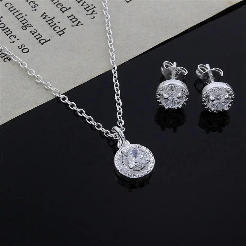 4pcs Jewelry Set Necklace Ring Earrings Female Models Light Luxury Style Brass With Zirconia Bright Silver Plated Jewelry