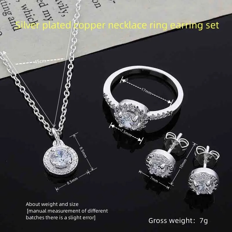 4pcs Jewelry Set Necklace Ring Earrings Female Models Light Luxury Style Brass With Zirconia Bright Silver Plated Jewelry