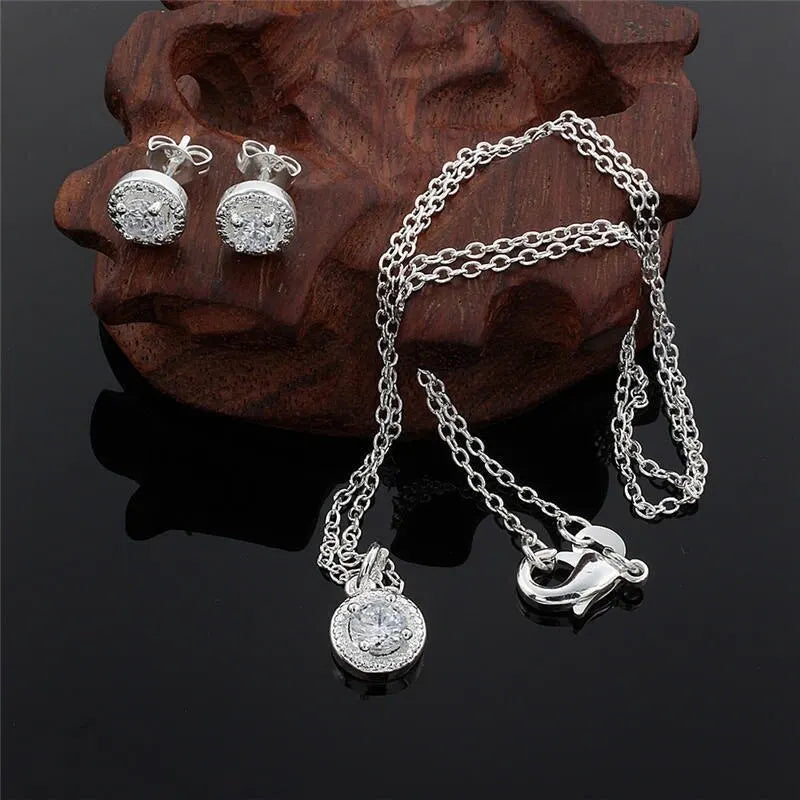 4pcs Jewelry Set Necklace Ring Earrings Female Models Light Luxury Style Brass With Zirconia Bright Silver Plated Jewelry