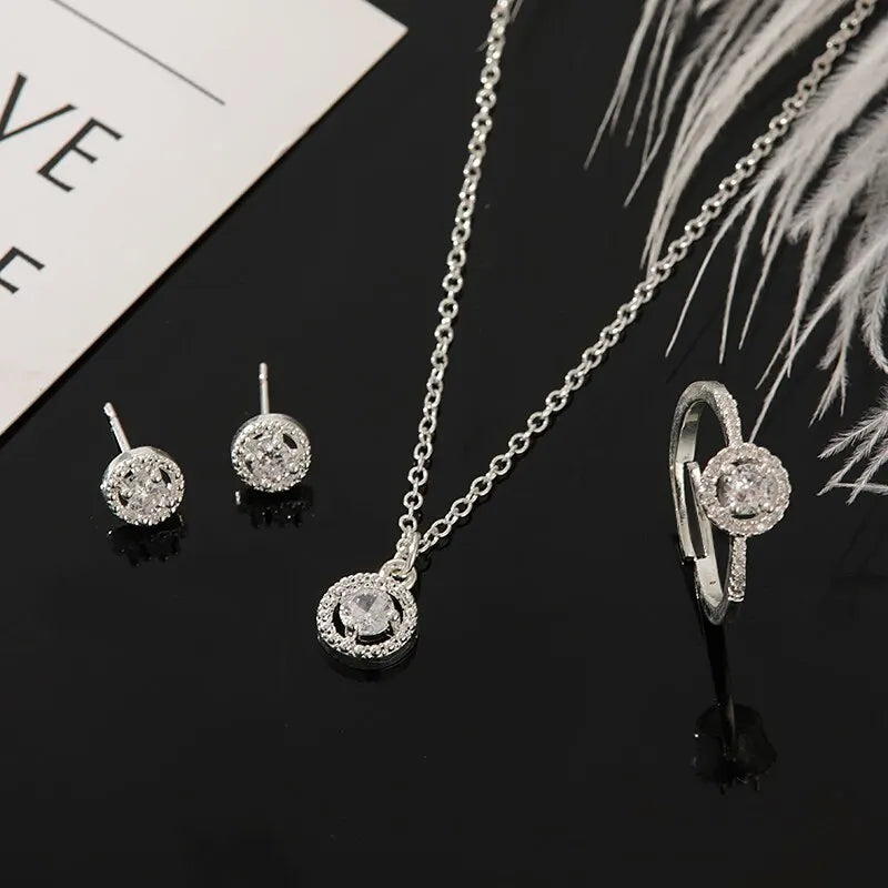 4pcs Jewelry Set Necklace Ring Earrings Female Models Light Luxury Style Brass With Zirconia Bright Silver Plated Jewelry