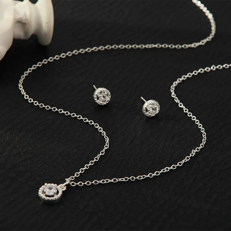 4pcs Jewelry Set Necklace Ring Earrings Female Models Light Luxury Style Brass With Zirconia Bright Silver Plated Jewelry