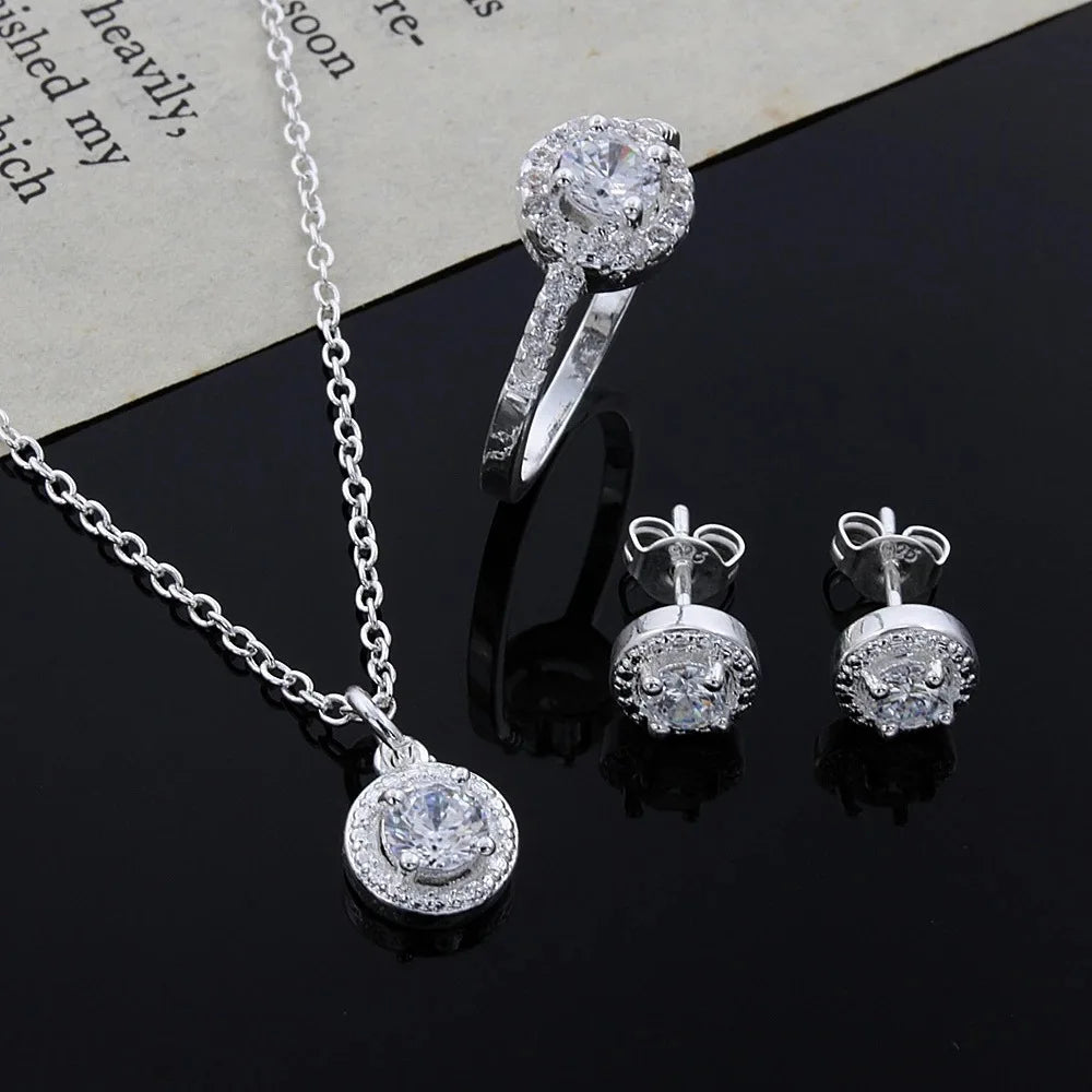 4pcs Jewelry Set Necklace Ring Earrings Female Models Light Luxury Style Brass With Zirconia Bright Silver Plated Jewelry